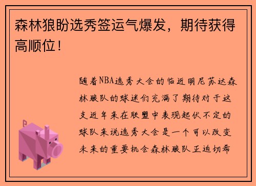 森林狼盼选秀签运气爆发，期待获得高顺位！